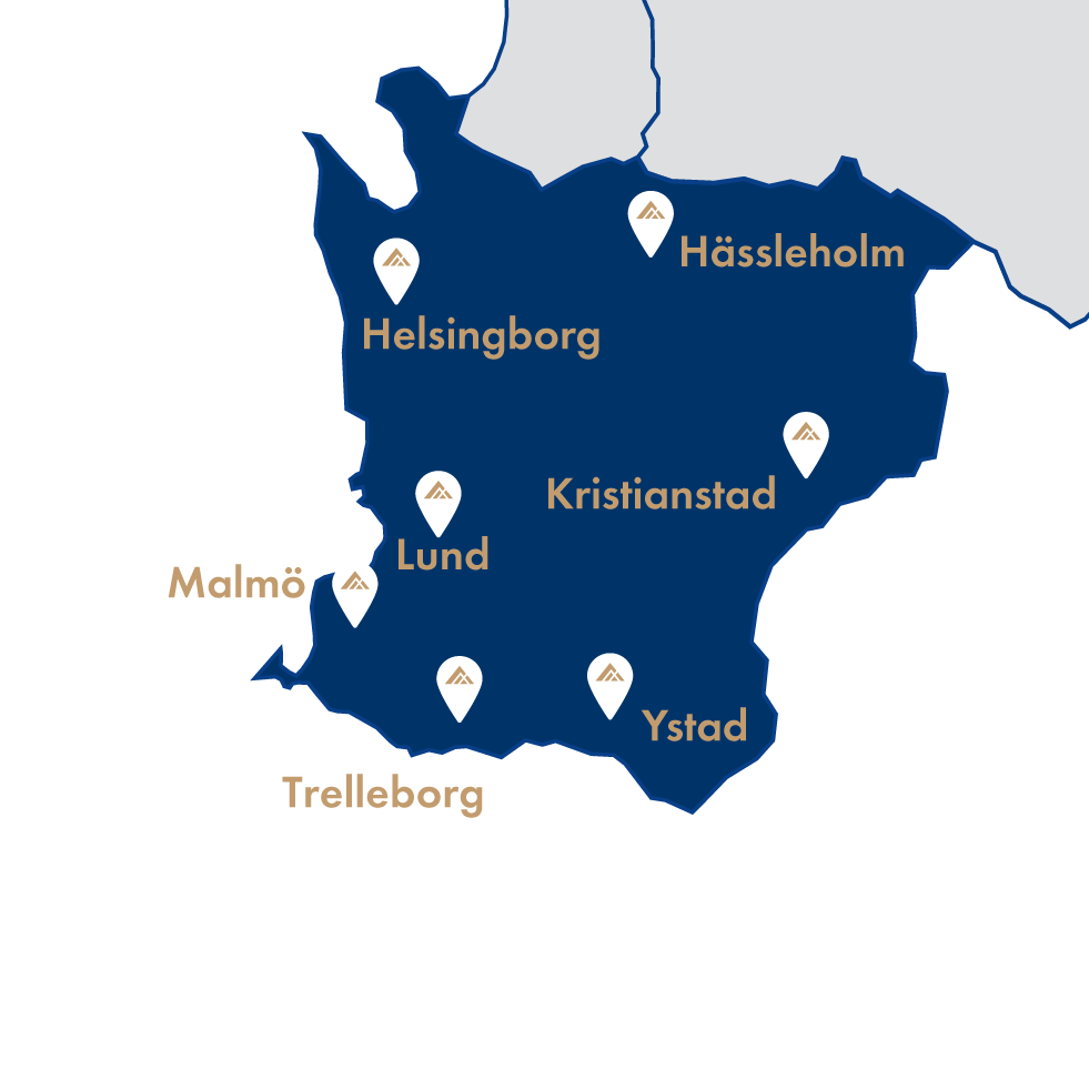 Treano finns i hela Skåne, bild på skåne med orterna Trenao finns i: Malmö, Trelleborg, Lund, Helsingborg, Hässleholm, Kristianstad och Ystad