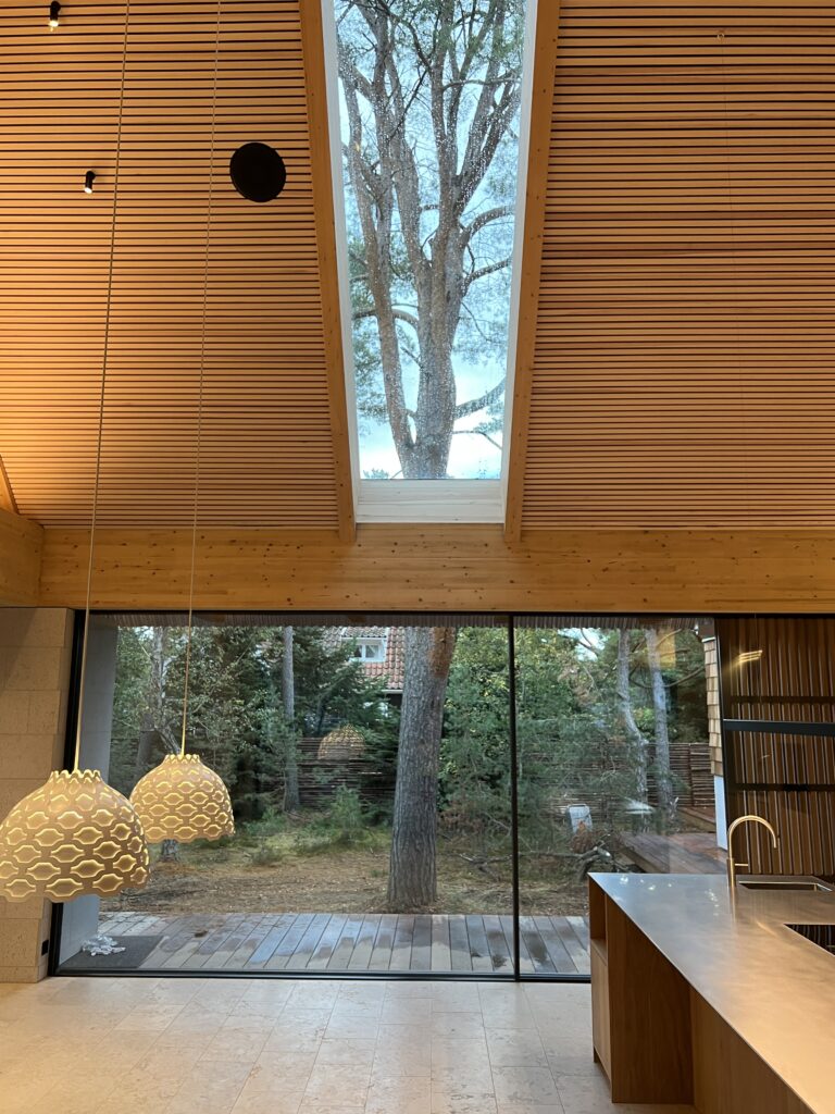 Arkitektritat kök i Villa P2, Höllviken – designat av Daniel Berg Arkitekter och byggt av Sawi Exclusive Homes by Treano. Stort kök med köksö, öppen spis, skjutpartier och takfönster som ramar in den vackra tallen utanför. En harmonisk balans mellan funktion, estetik och natur.